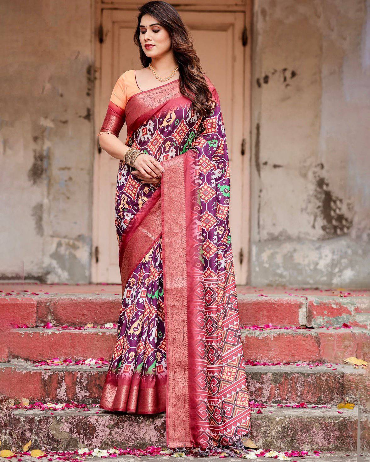 Wine Purple Tussar Silk Saree with Ikat-Inspired Patterns and Rich Zari Border DIGITAL PRINT