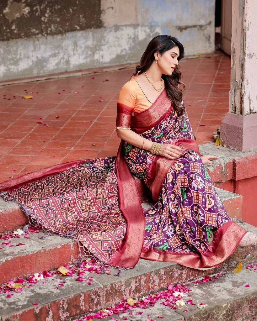 Wine Purple Tussar Silk Saree with Ikat-Inspired Patterns and Rich Zari Border DIGITAL PRINT