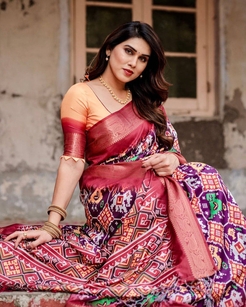 Wine Purple Tussar Silk Saree with Ikat-Inspired Patterns and Rich Zari Border DIGITAL PRINT
