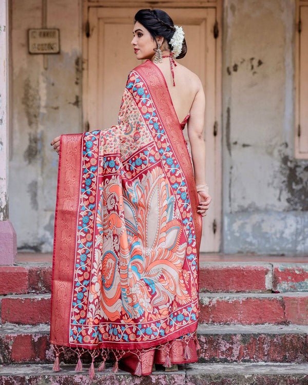 Beige and Coral Tussar Silk Saree with Intricate Floral Prints and Artistic Pallu DIGITAL PRINT