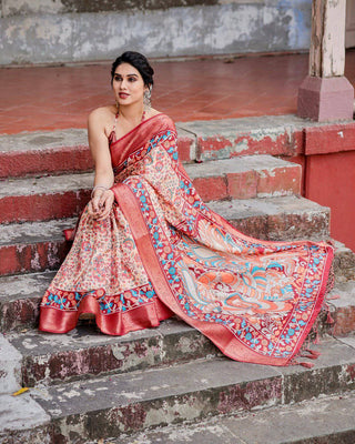 Beige and Coral Tussar Silk Saree with Intricate Floral Prints and Artistic Pallu DIGITAL PRINT