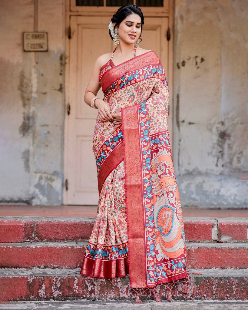 Beige and Coral Tussar Silk Saree with Intricate Floral Prints and Artistic Pallu DIGITAL PRINT