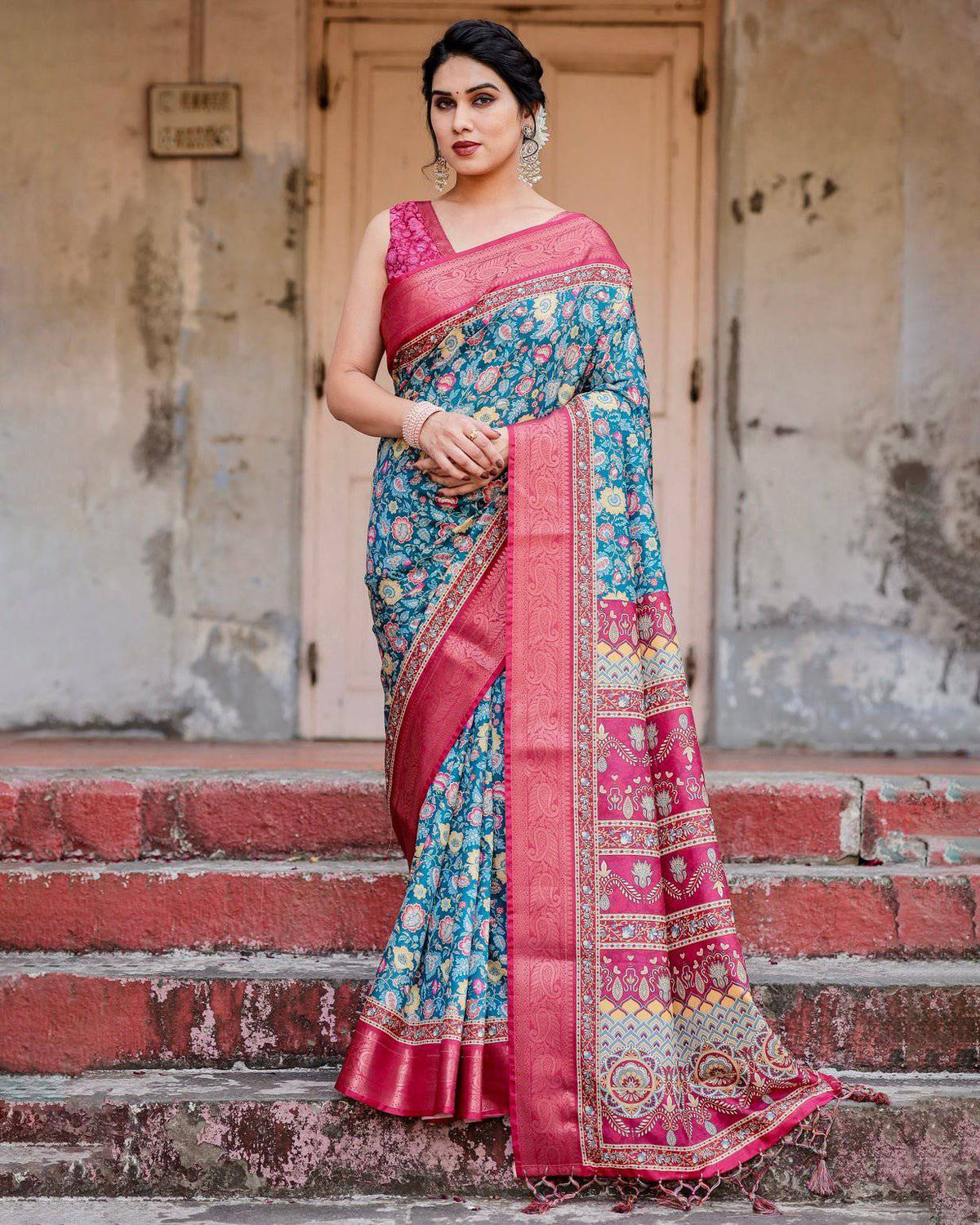 Teal Blue and Coral Tussar Silk Saree with Vibrant Floral Motifs and Ornamental Pallu DIGITAL PRINT Main image