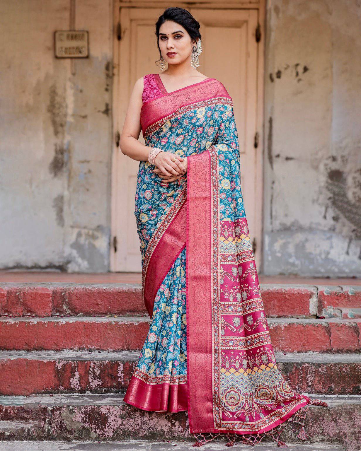 Teal Blue and Coral Tussar Silk Saree with Vibrant Floral Motifs and Ornamental Pallu DIGITAL PRINT Main image