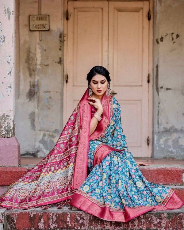 Teal Blue and Coral Tussar Silk Saree with Vibrant Floral Motifs and Ornamental Pallu DIGITAL PRINT