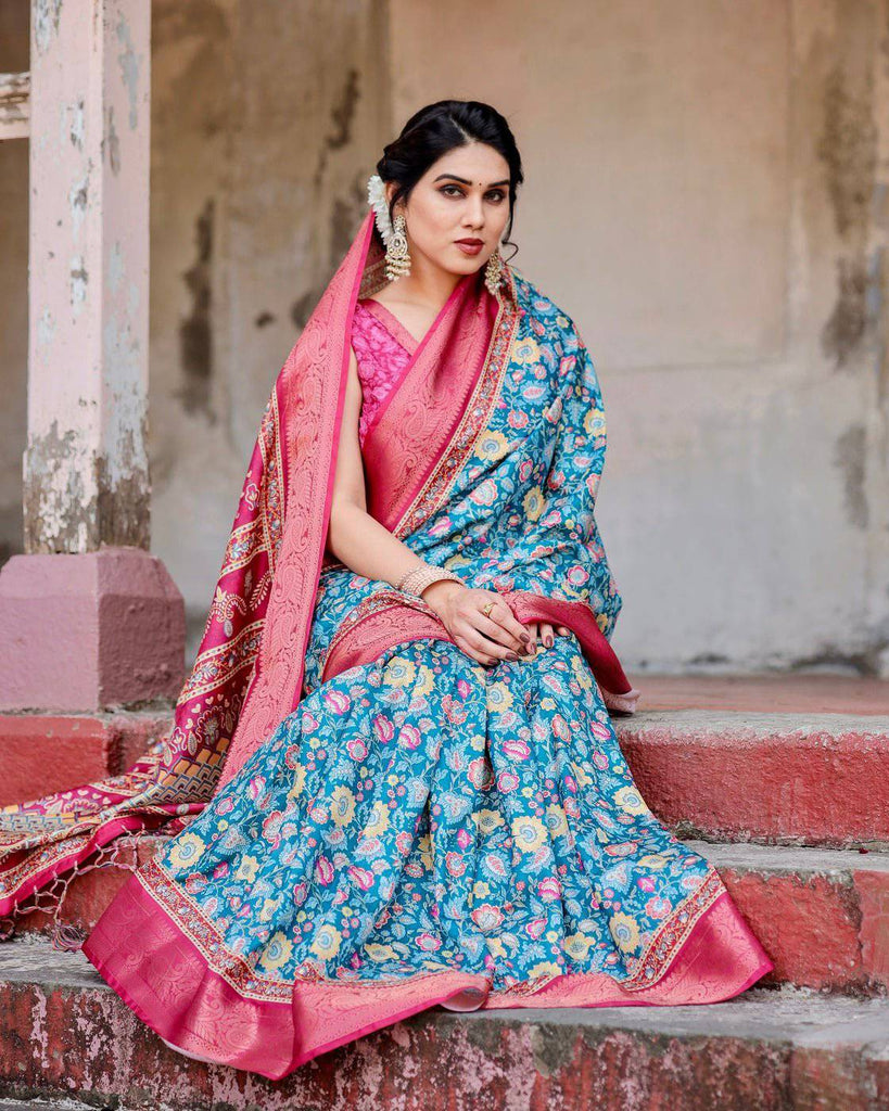 Teal Blue and Coral Tussar Silk Saree with Vibrant Floral Motifs and Ornamental Pallu DIGITAL PRINT