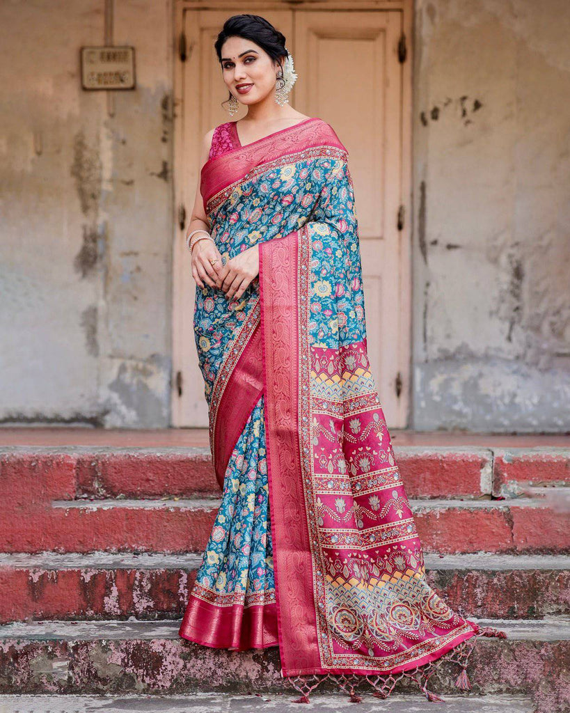Teal Blue and Coral Tussar Silk Saree with Vibrant Floral Motifs and Ornamental Pallu DIGITAL PRINT