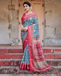 Load image into Gallery viewer, Teal Blue and Coral Tussar Silk Saree with Vibrant Floral Motifs and Ornamental Pallu DIGITAL PRINT