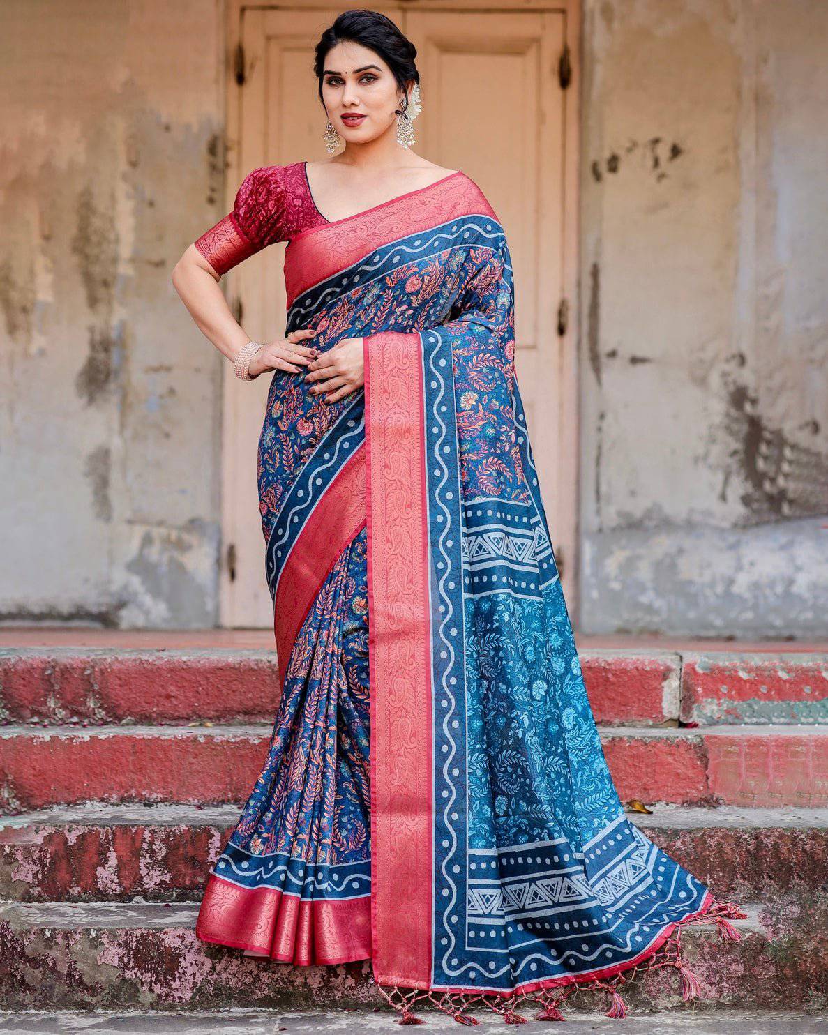 Teal Blue and Coral Tussar Silk Saree with Floral Weaves and Geometric Pallu DIGITAL PRINT Main image