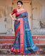 Teal Blue and Coral Tussar Silk Saree with Floral Weaves and Geometric Pallu DIGITAL PRINT