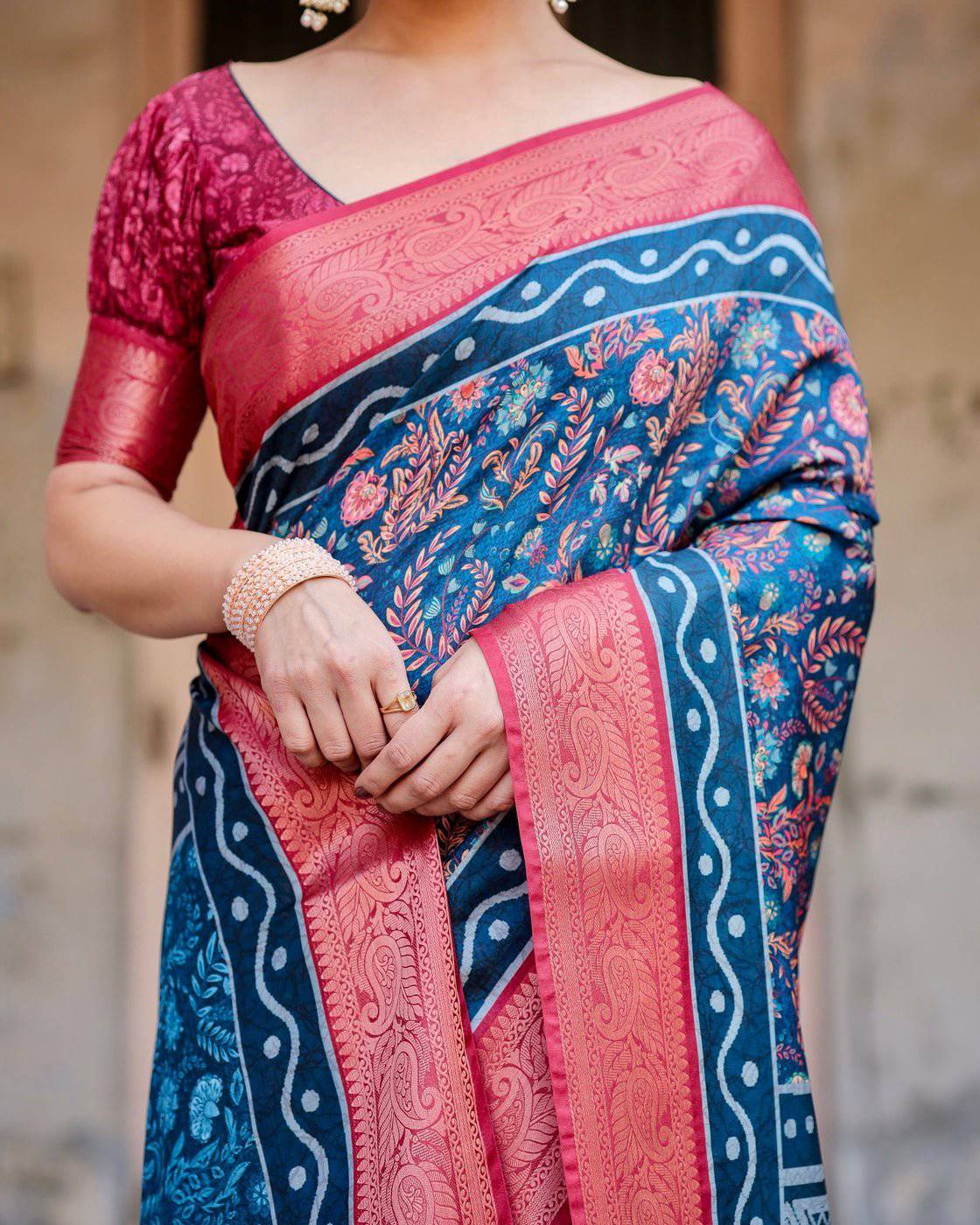 Teal Blue and Coral Tussar Silk Saree with Floral Weaves and Geometric Pallu DIGITAL PRINT