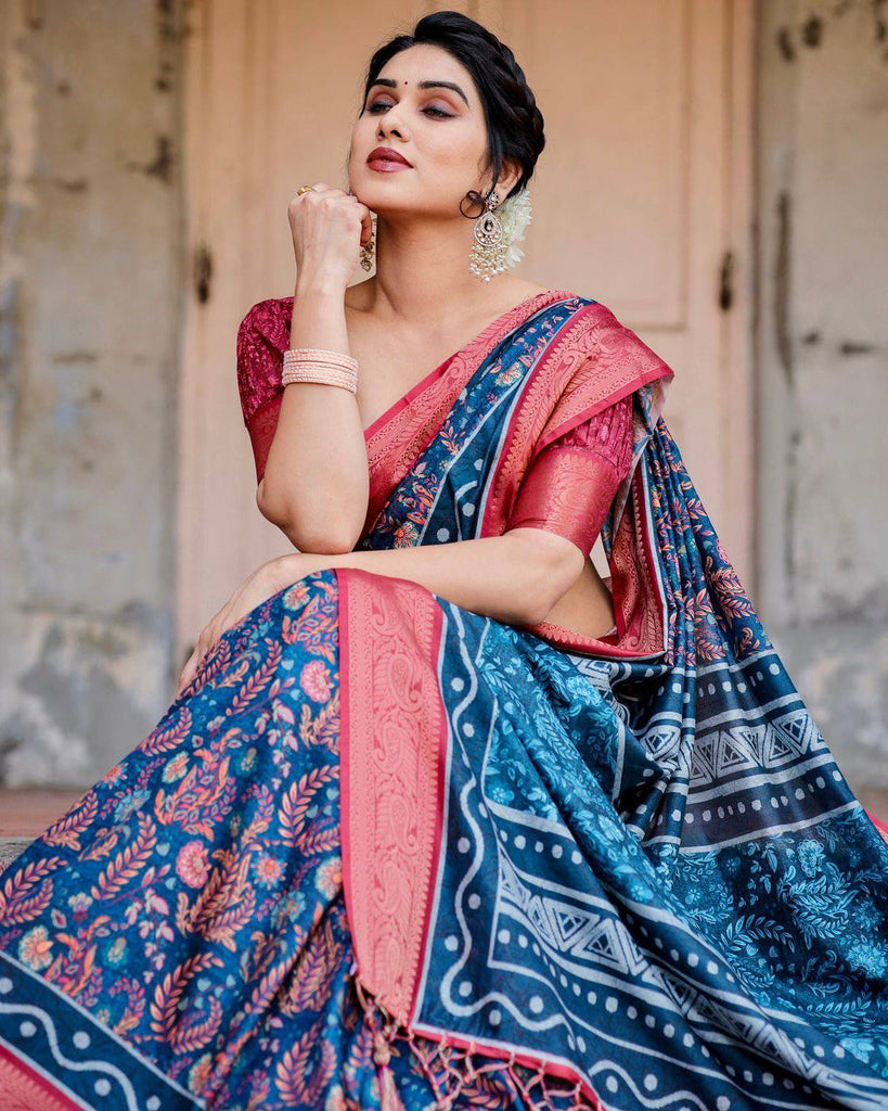 Teal Blue and Coral Tussar Silk Saree with Floral Weaves and Geometric Pallu DIGITAL PRINT
