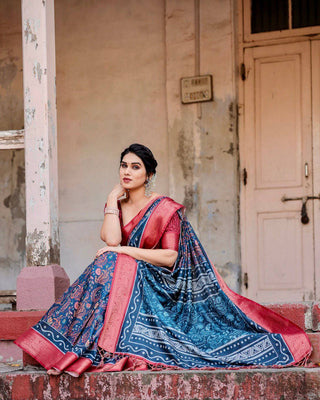 Teal Blue and Coral Tussar Silk Saree with Floral Weaves and Geometric Pallu DIGITAL PRINT