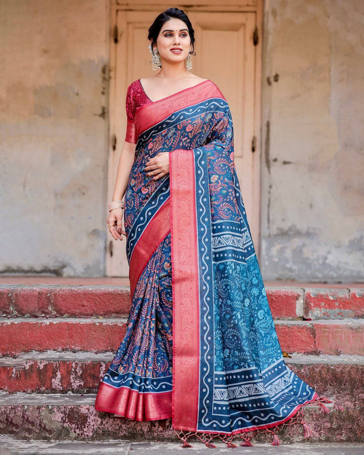 Teal Blue and Coral Tussar Silk Saree with Floral Weaves and Geometric Pallu DIGITAL PRINT Main image