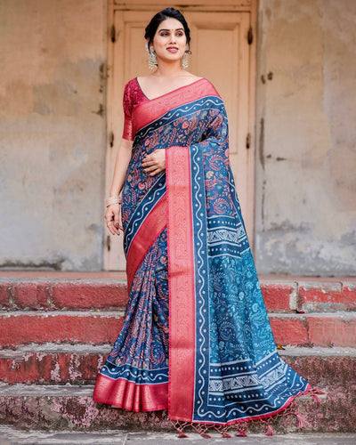 Teal Blue and Coral Tussar Silk Saree with Floral Weaves and Geometric Pallu DIGITAL PRINT