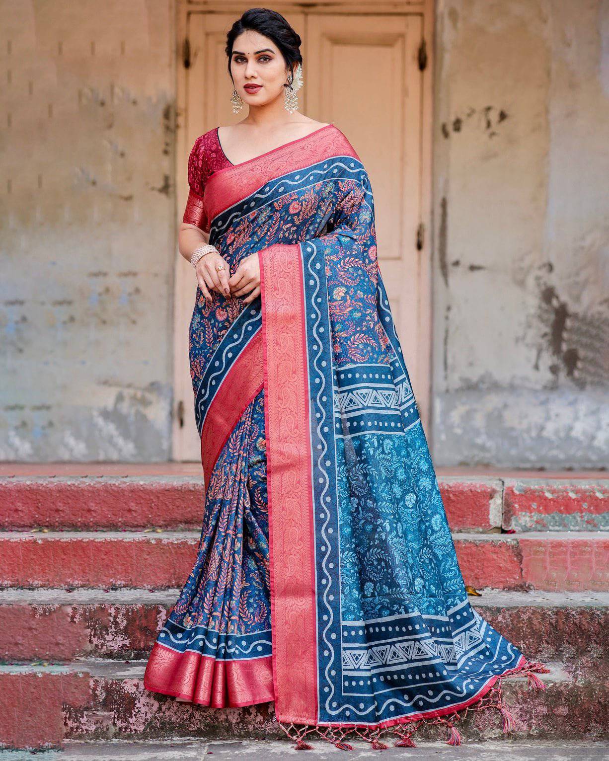 Teal Blue and Coral Tussar Silk Saree with Floral Weaves and Geometric Pallu DIGITAL PRINT Main image