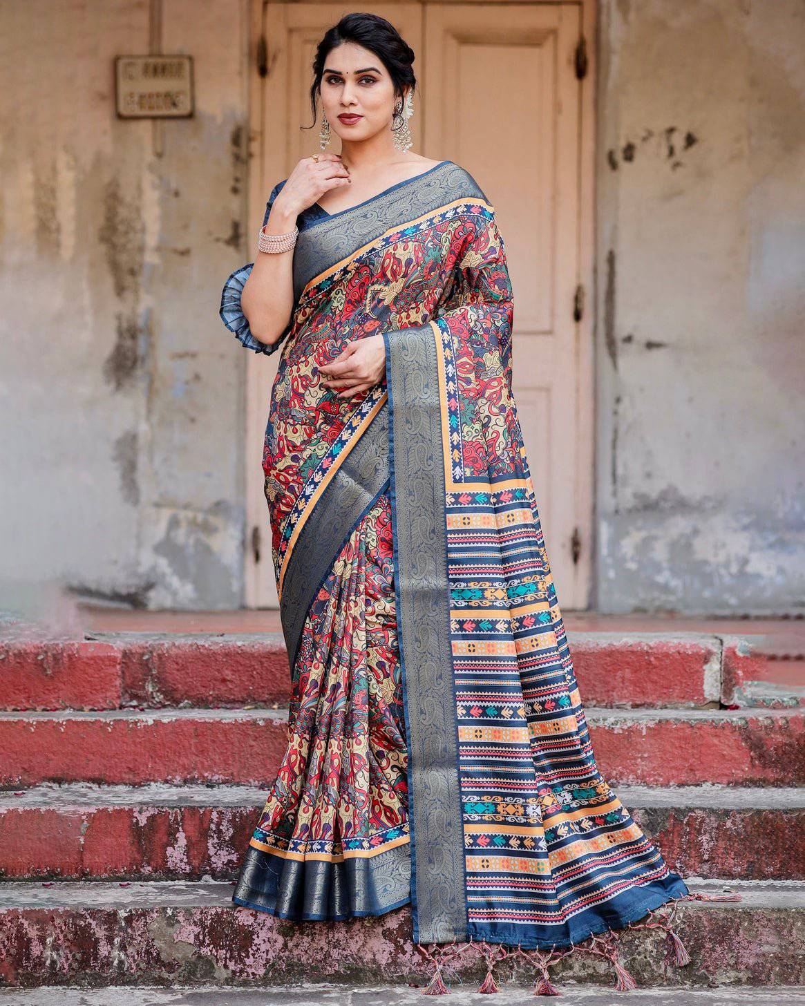 Multicolor Tussar Silk Saree with Vibrant Floral Weaves and Striped Pallu DIGITAL PRINT Main image