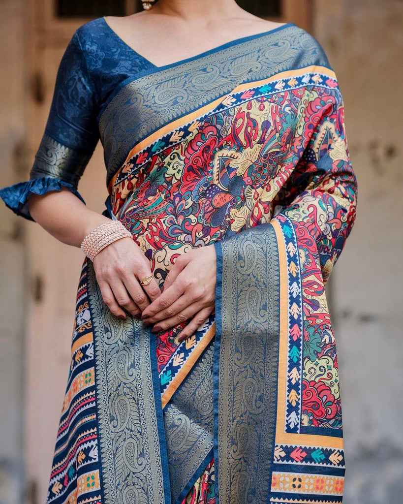Multicolor Tussar Silk Saree with Vibrant Floral Weaves and Striped Pallu DIGITAL PRINT