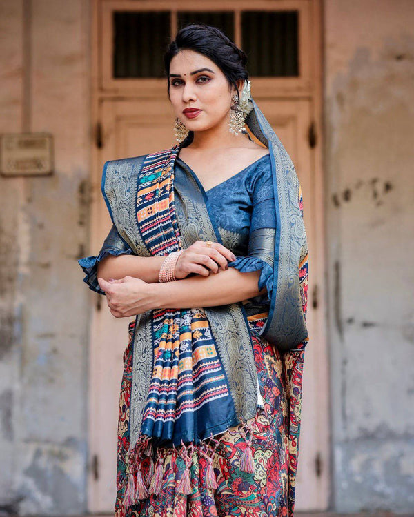 Multicolor Tussar Silk Saree with Vibrant Floral Weaves and Striped Pallu DIGITAL PRINT