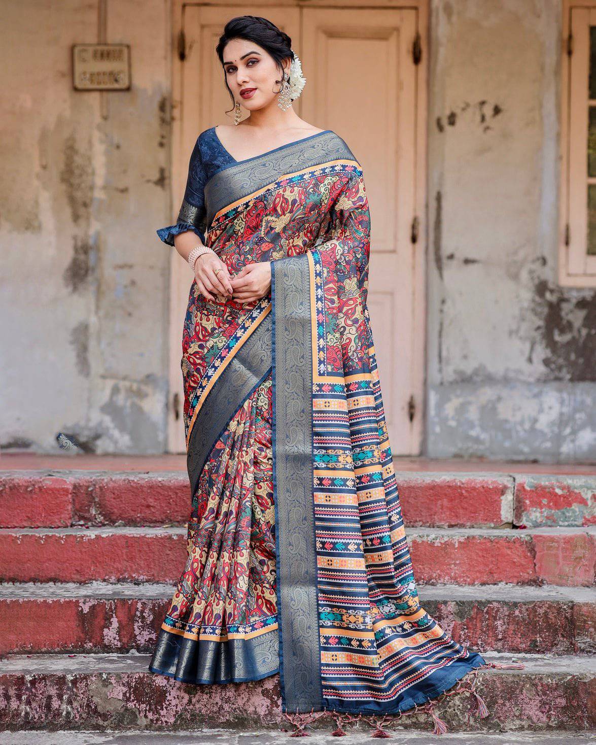 Multicolor Tussar Silk Saree with Vibrant Floral Weaves and Striped Pallu Secondary image