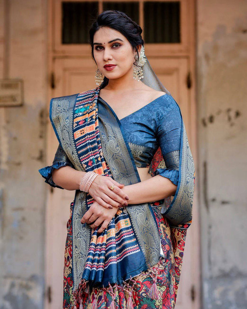 Multicolor Tussar Silk Saree with Vibrant Floral Weaves and Striped Pallu DIGITAL PRINT