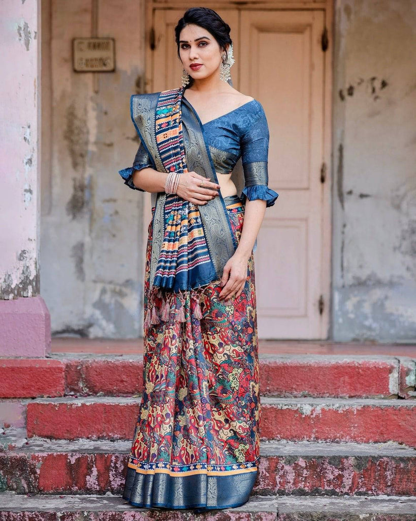 Multicolor Tussar Silk Saree with Vibrant Floral Weaves and Striped Pallu DIGITAL PRINT