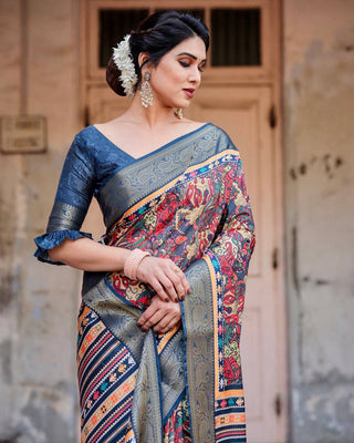 Multicolor Tussar Silk Saree with Vibrant Floral Weaves and Striped Pallu DIGITAL PRINT