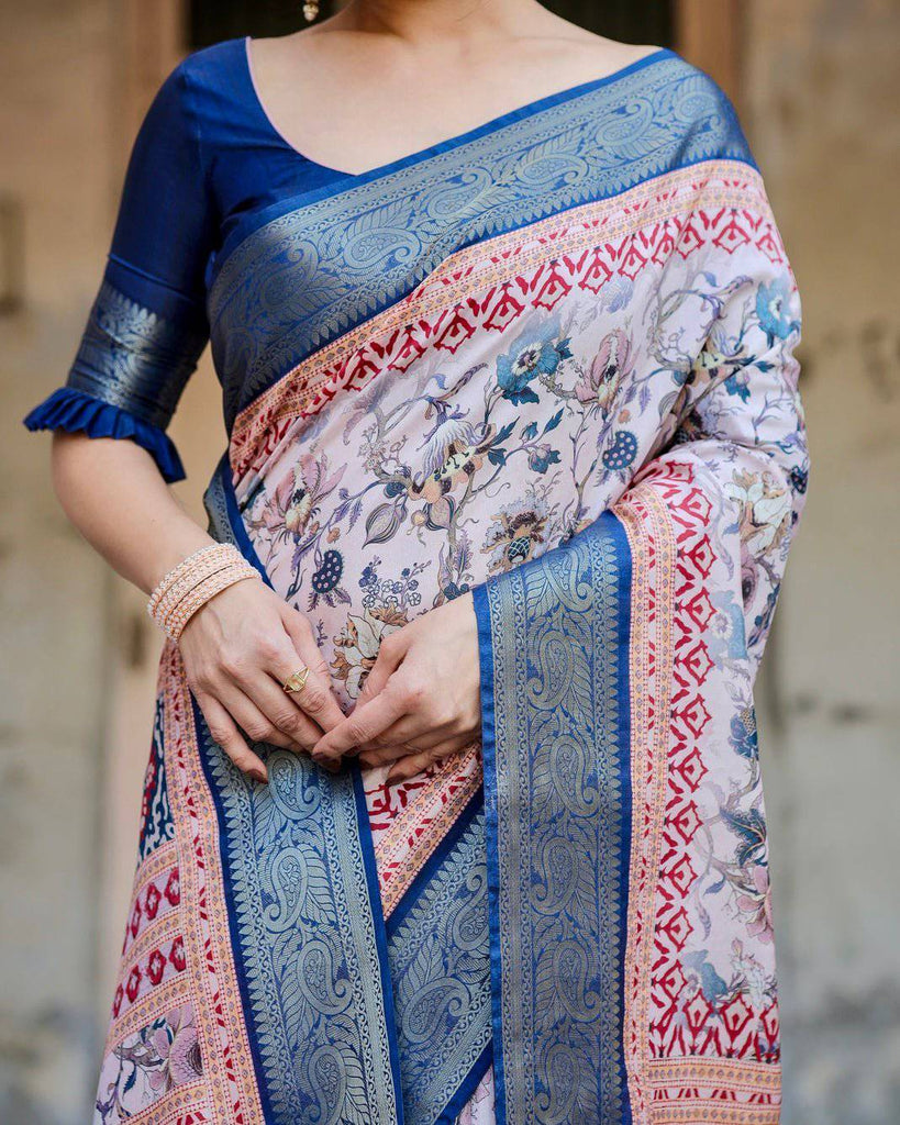 Ivory and Navy Blue Tussar Silk Saree with Floral Elegance and Ornamental Zari Work DIGITAL PRINT