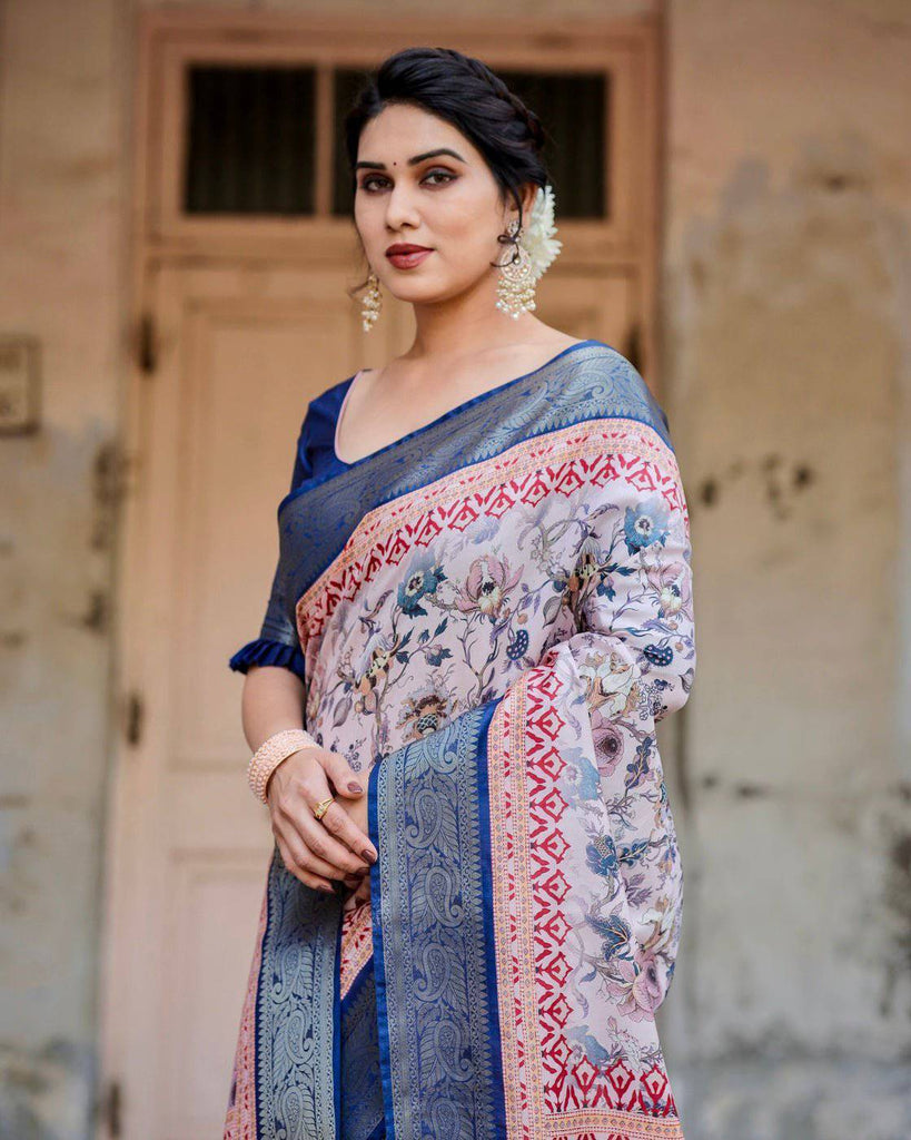 Ivory and Navy Blue Tussar Silk Saree with Floral Elegance and Ornamental Zari Work DIGITAL PRINT