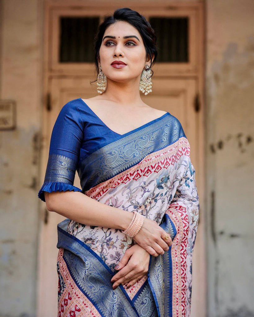 Ivory and Navy Blue Tussar Silk Saree with Floral Elegance and Ornamental Zari Work DIGITAL PRINT