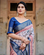 Load image into Gallery viewer, Ivory and Navy Blue Tussar Silk Saree with Floral Elegance and Ornamental Zari Work DIGITAL PRINT