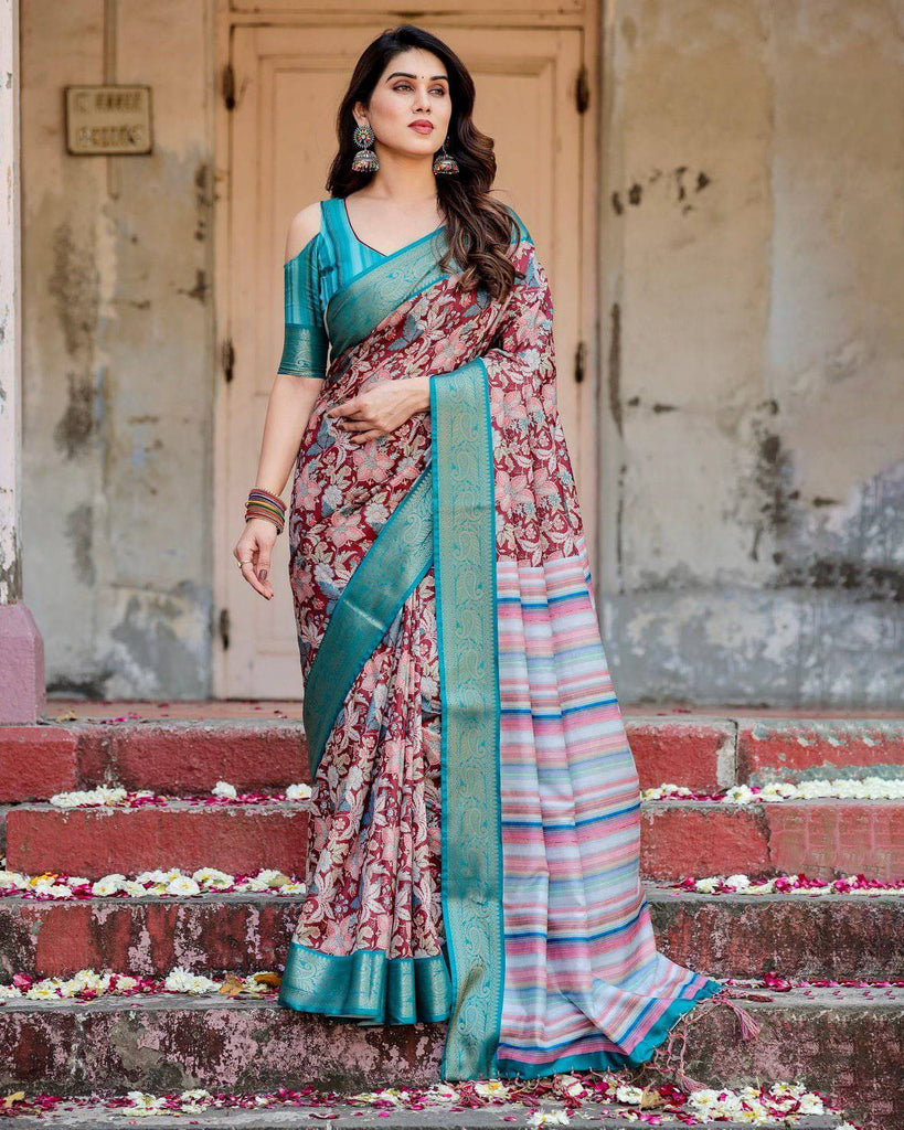 Maroon and Teal Tussar Silk Saree with Floral Zari Weave and Striped Pallu DIGITAL PRINT