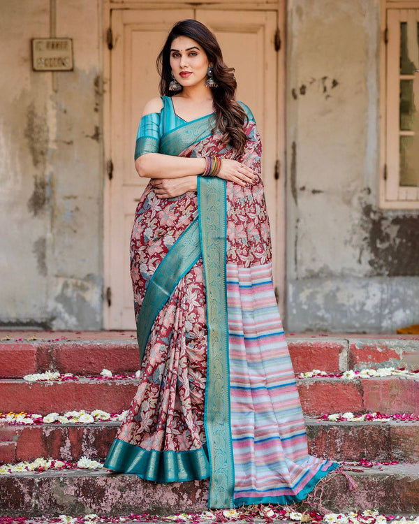 Maroon and Teal Tussar Silk Saree with Floral Zari Weave and Striped Pallu DIGITAL PRINT