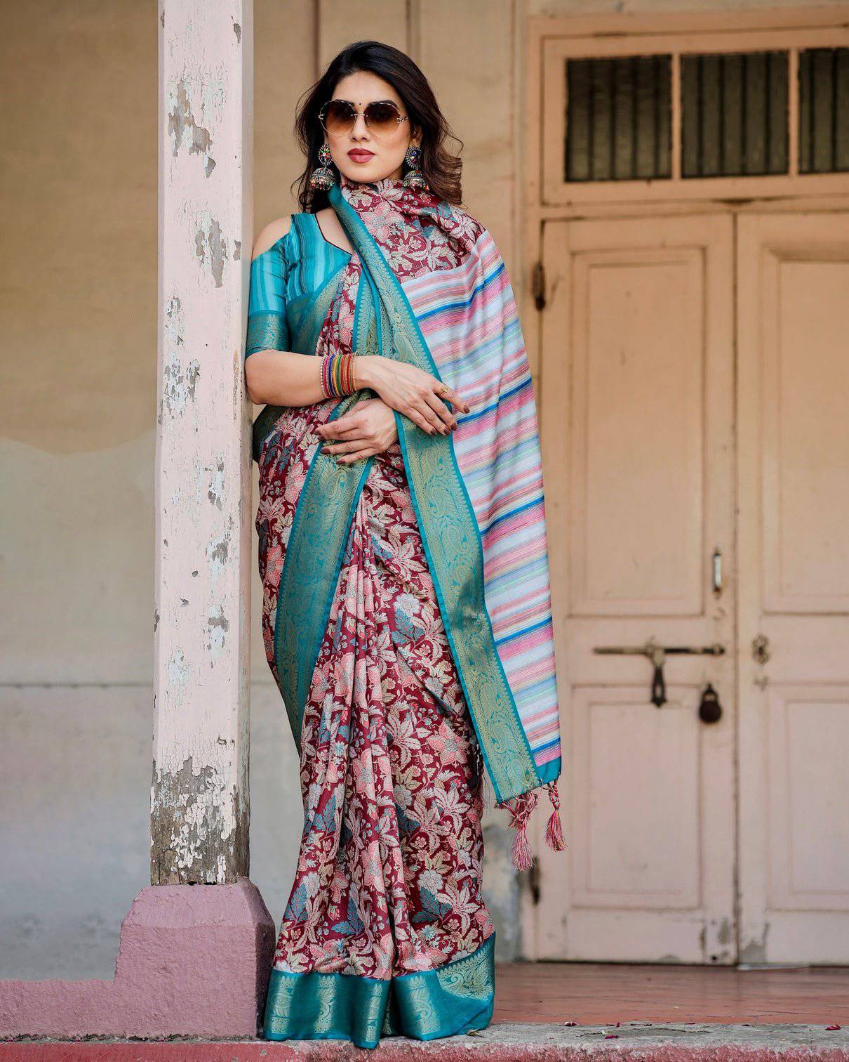 Maroon and Teal Tussar Silk Saree with Floral Zari Weave and Striped Pallu Secondary image