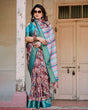 Load image into Gallery viewer, Maroon and Teal Tussar Silk Saree with Floral Zari Weave and Striped Pallu DIGITAL PRINT