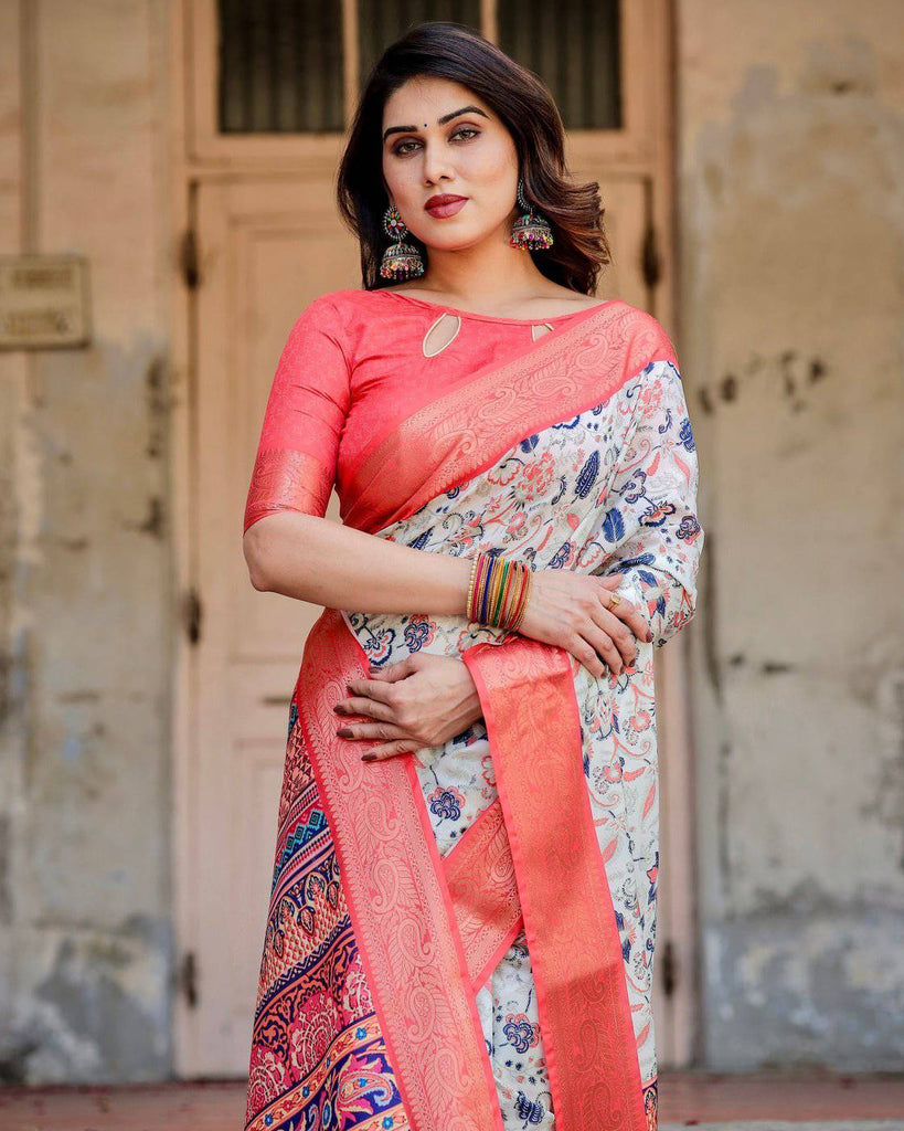Ivory Tussar Silk Saree with Coral Zari Border and Intricate Floral Motifs DIGITAL PRINT