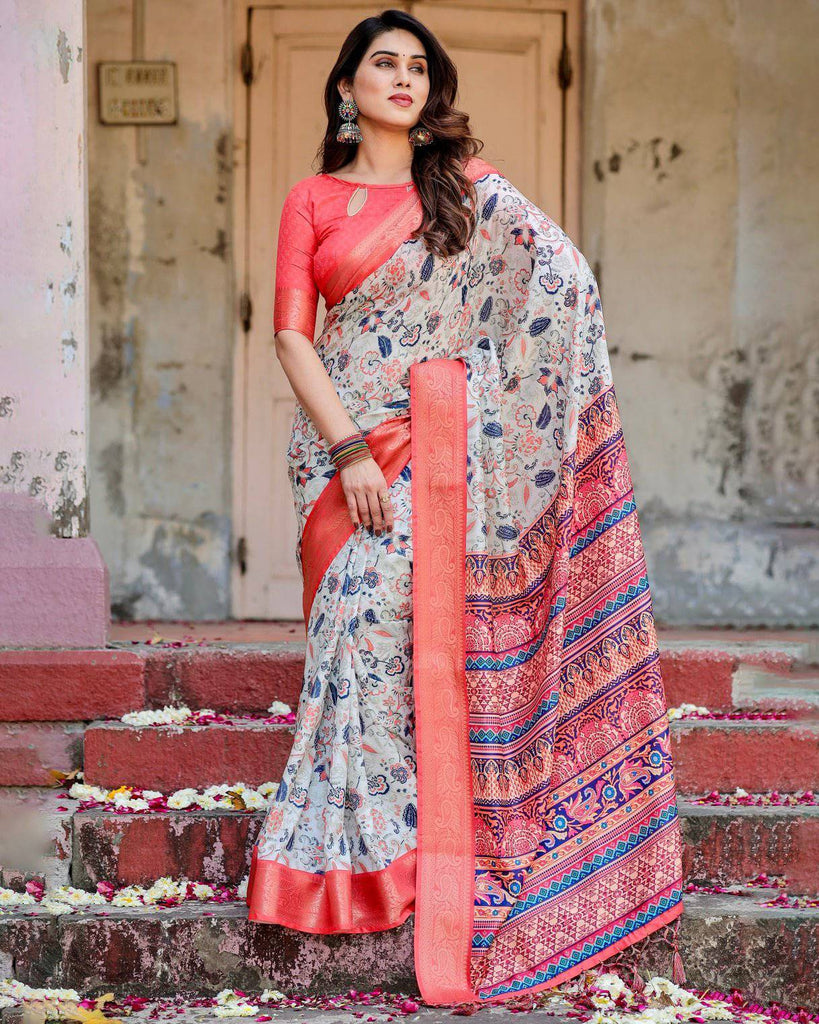 Ivory Tussar Silk Saree with Coral Zari Border and Intricate Floral Motifs DIGITAL PRINT