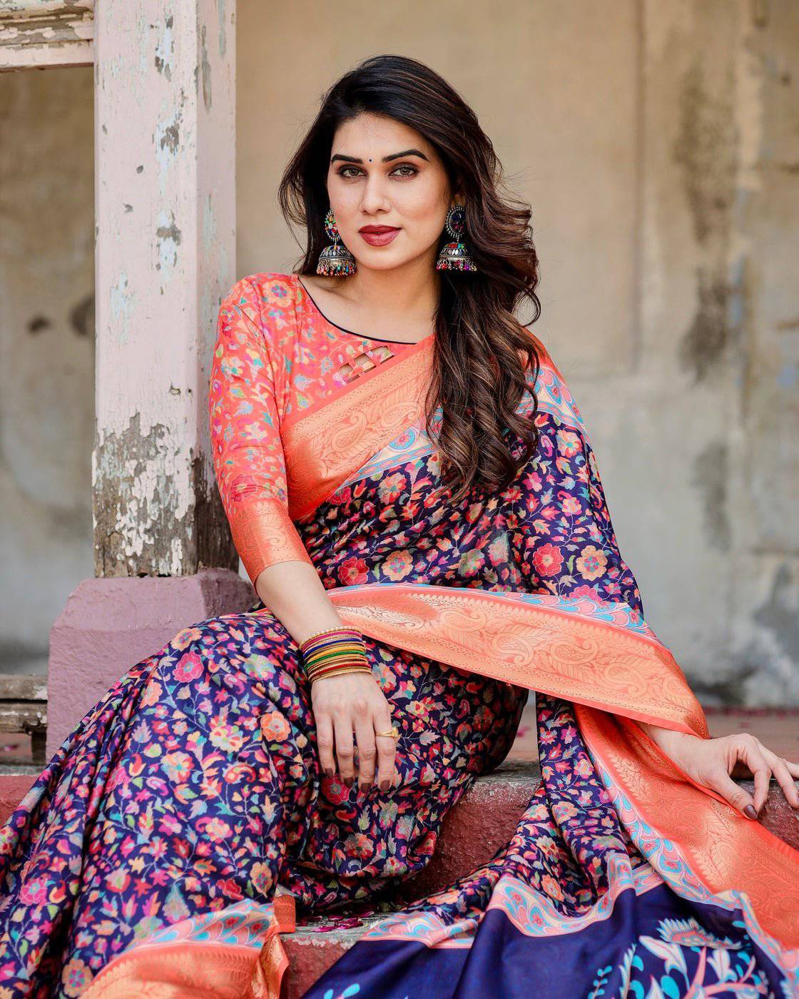 Navy Blue and Peach Tussar Silk Saree with Peacock Motifs and Floral Zari Border DIGITAL PRINT