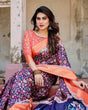 Load image into Gallery viewer, Navy Blue and Peach Tussar Silk Saree with Peacock Motifs and Floral Zari Border DIGITAL PRINT