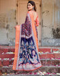 Load image into Gallery viewer, Navy Blue and Peach Tussar Silk Saree with Peacock Motifs and Floral Zari Border DIGITAL PRINT