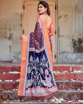 Navy Blue and Peach Tussar Silk Saree with Peacock Motifs and Floral Zari Border DIGITAL PRINT
