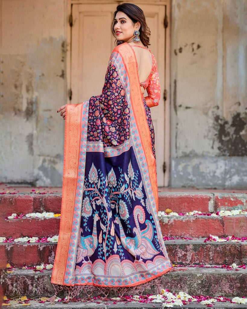 Navy Blue and Peach Tussar Silk Saree with Peacock Motifs and Floral Zari Border DIGITAL PRINT