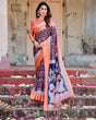 Load image into Gallery viewer, Navy Blue and Peach Tussar Silk Saree with Peacock Motifs and Floral Zari Border DIGITAL PRINT