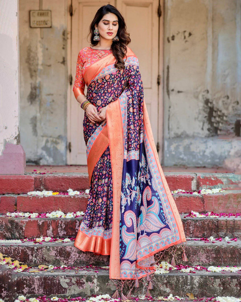 Navy Blue and Peach Tussar Silk Saree with Peacock Motifs and Floral Zari Border DIGITAL PRINT