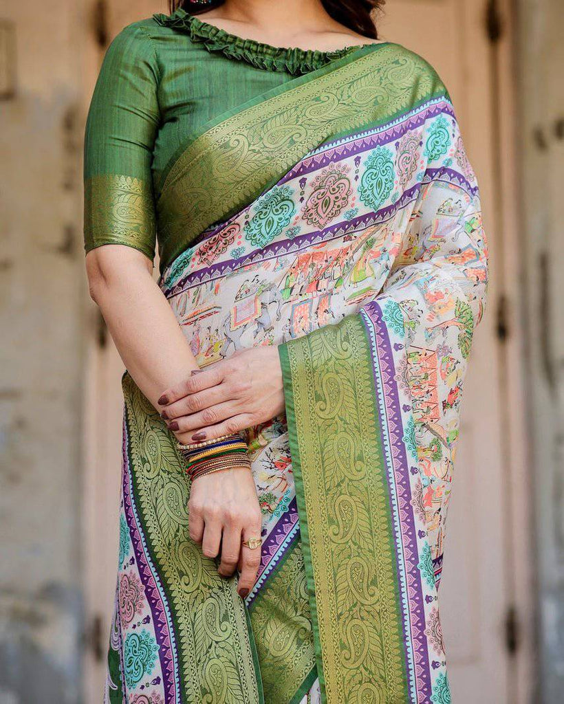 Ivory and Green Tussar Silk Saree with Elephant Motifs and Intricate Zari Border DIGITAL PRINT