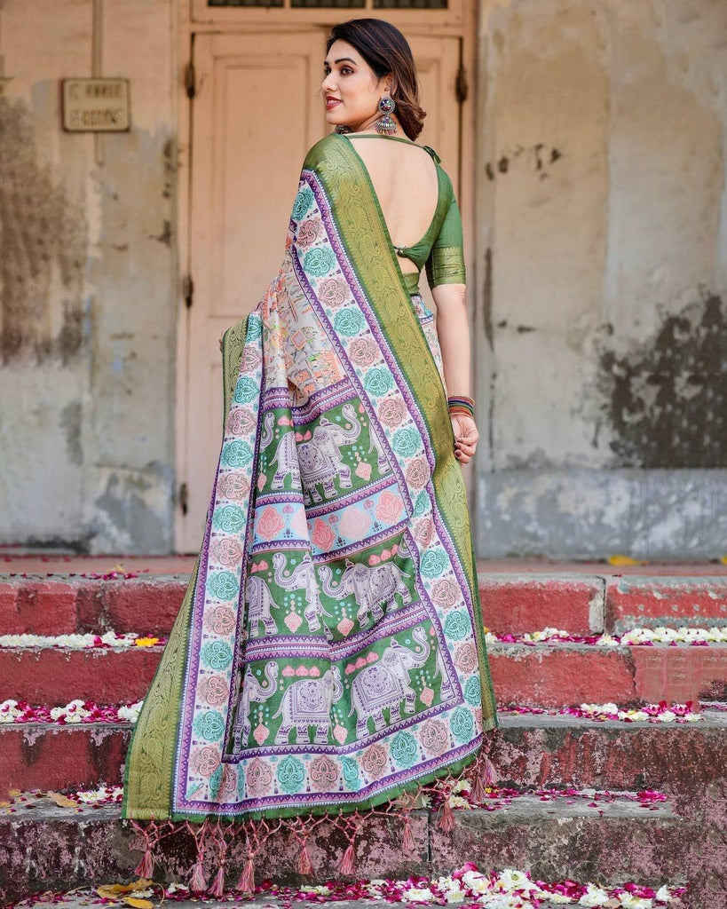 Ivory and Green Tussar Silk Saree with Elephant Motifs and Intricate Zari Border DIGITAL PRINT