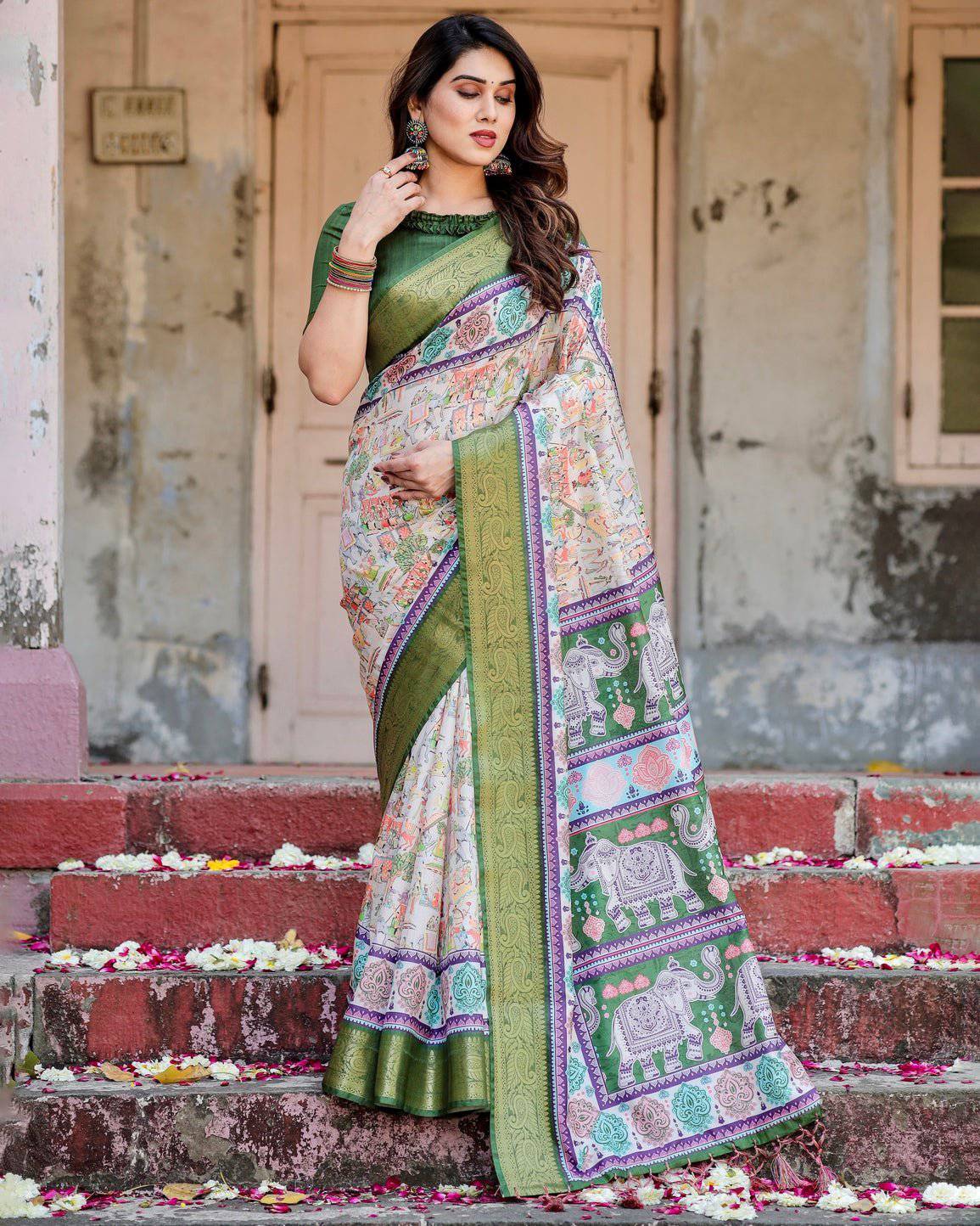 Ivory and Green Tussar Silk Saree with Elephant Motifs and Intricate Zari Border DIGITAL PRINT Main image