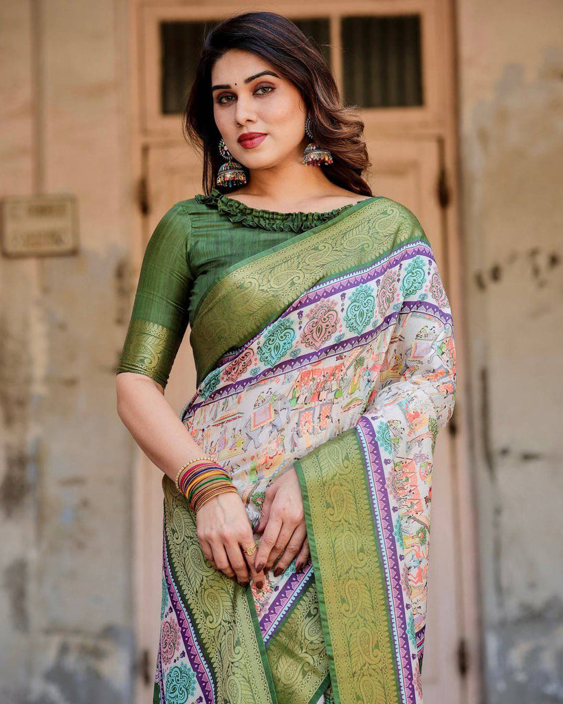 Ivory and Green Tussar Silk Saree with Elephant Motifs and Intricate Zari Border DIGITAL PRINT