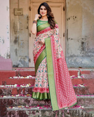 Blush Pink and Green Tussar Silk Saree with Floral Prints and Intricate Zari Work DIGITAL PRINT