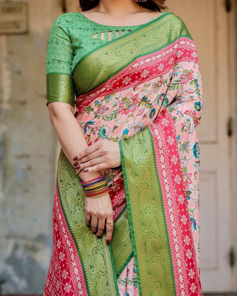 Blush Pink and Green Tussar Silk Saree with Floral Prints and Intricate Zari Work DIGITAL PRINT
